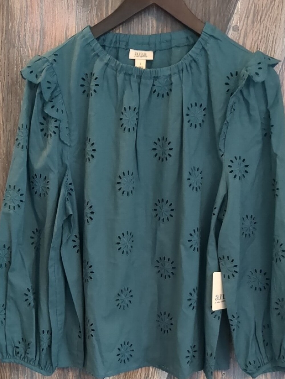 a.n.a Teal Eyelet Ruffle Long Sleeve Blouse - Picture 2 of 8